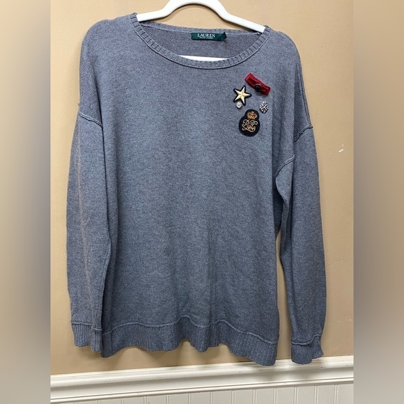 Lauren Ralph Lauren Sweater Pullover Gray Embroidered Crest Bling Details Size L - Picture 1 of 6